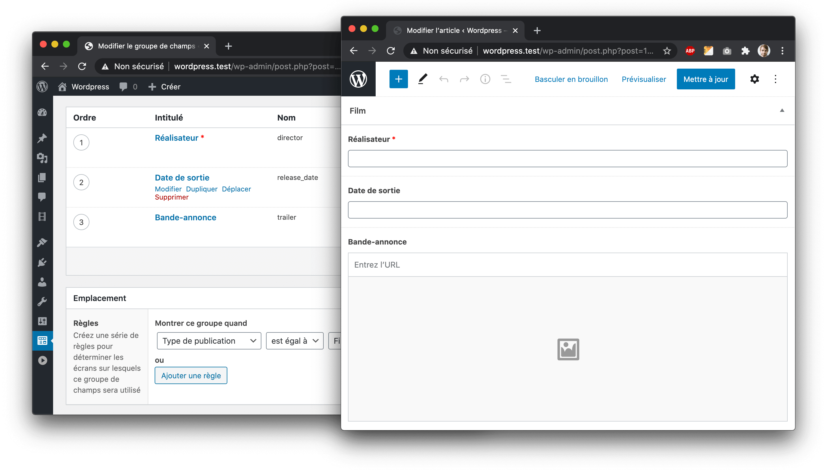 Définition du groupe de champs pour les films